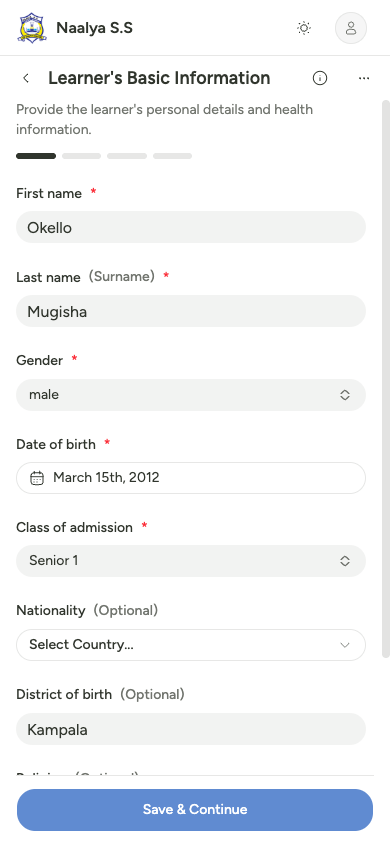 The admission form, step one of four